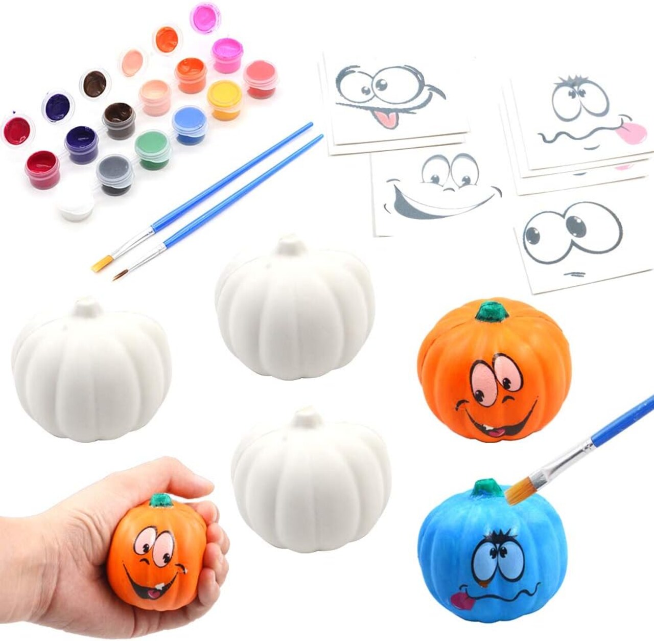 6 Pack Halloween DIY Paint Your Own Squishy Pumpkin Kit – Slow Rising Foam Pumpkins with Paints, Brushes & Stickers – Kids Halloween Arts & Crafts Party Favors & Stress Relief Toys